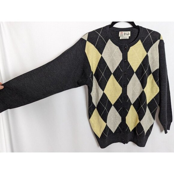 Vintage PRINGLE Scotland L Lambswool Argyle Diamond Checkered Sweater Cardigan - Picture 5 of 9